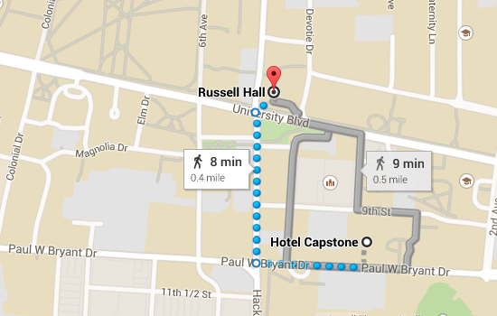 Walking directions from Hotel Capstone to Russell Hall, the main HighEdWeb Alabama venue